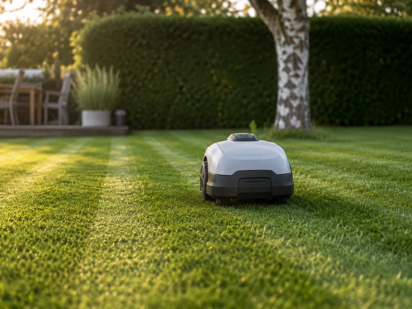 Mähroboter auf einem Rasen mit sichtbaren Mähbahnen, im Hintergrund eine geschnittene Hecke
