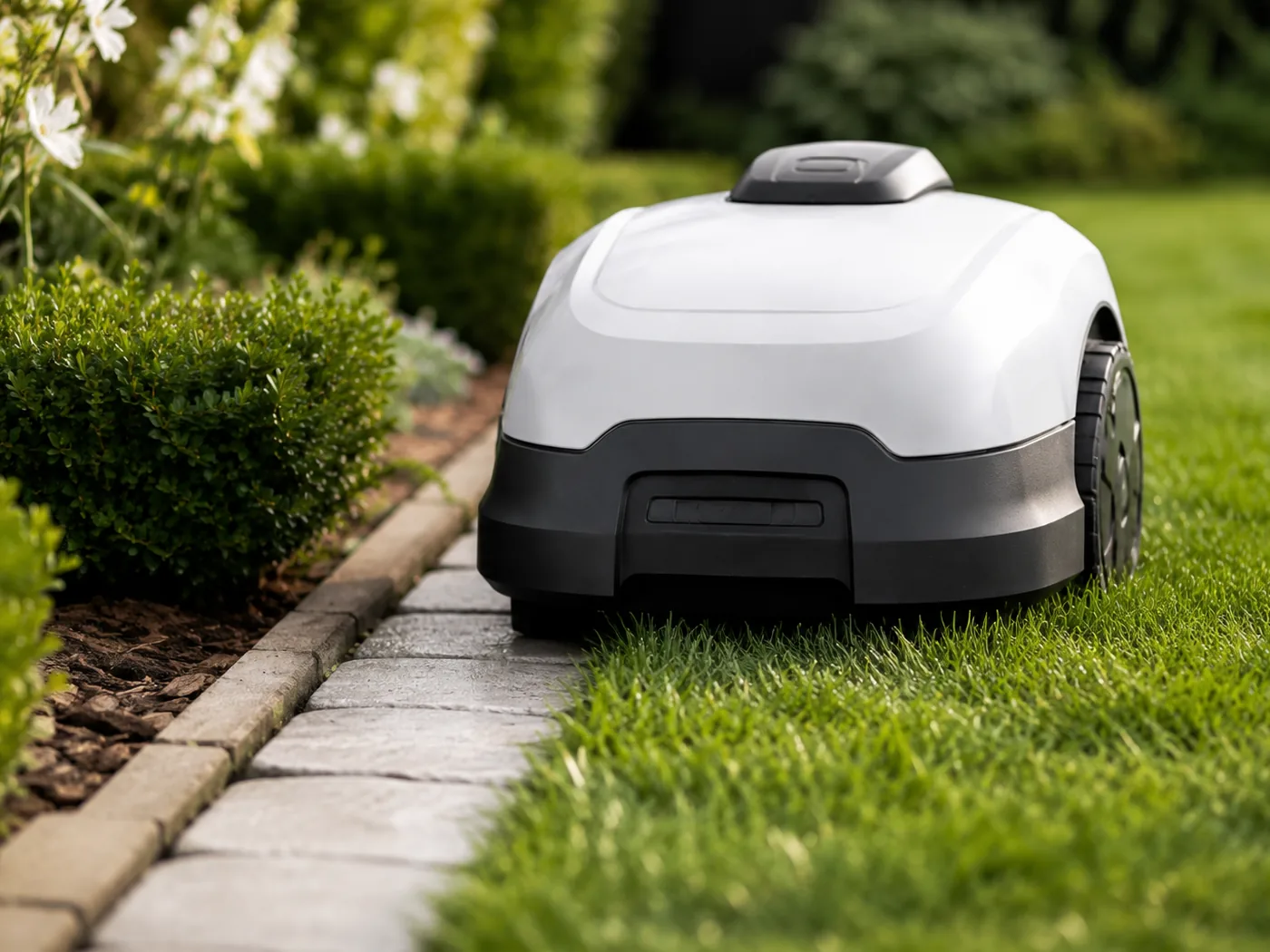Mähroboter fährt dicht an einer gepflasterten Beetkante entlang